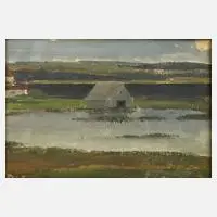 Anton Zwengauer, Hütte im Dachauer Moor, 1890, Öl auf dünner Pappe
