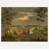 Wilhelm Beindorf, Gesellschaft in Sommerlandschaft, Öl auf Hartfaserplatte