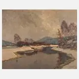 Franz Frankl, Winterliche Flusslandschaft, Öl auf Holzplatte