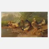 Max Hänger Senior oder Junior, Enten am Ufer, Öl auf Holzplatte