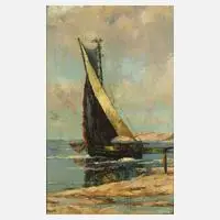 Philipp Carl Leipold, Segelboot am Strand, Öl auf strukturiertem Malkarton