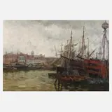 Edmond Marie Petitjean, Segelschiffe im Hafen, Öl auf Leinwand