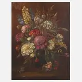 Bruno von Wahl, Blumenstillleben mit Kohlmeise, Öl auf Karton
