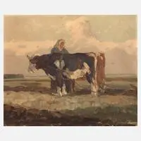 Erich Zeyer, Bäuerin mit Kühen beim Pflügen, Öl auf Karton