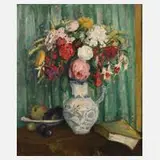 Fritz Herpfer, Blumenstillleben mit Früchten, Öl auf Malkarton