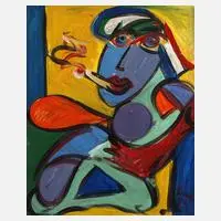 Peter Keil, Rauchende Dame, Öl auf Hartfaserplatte