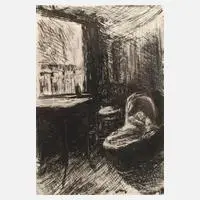 "Kind im Wiegenkorb" by Max Liebermann, Kaltnadelradierung auf mit Chinapapier gewalztem Velin, sold Jun 2024