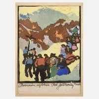 Robert Saurwein, "Prozession", Farbholzschnitt auf schwachem Papier