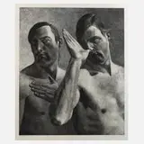 Johannes Grützke, "Auf Wiedersehen", Offsetlithographie und Farbstifte in Rot auf leichtem Karton