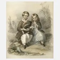 Otto Schneider, Geschwisterpaar mit Hund, 1851, Mischtechnik über Blei auf Papier