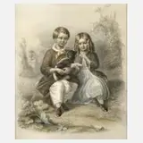 Otto Schneider, Geschwisterpaar mit Hund, 1851, Mischtechnik über Blei auf Papier