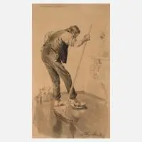 August Mandlick, Der Parkettwischer, 1890, Tuschezeichnung auf leichtem Karton