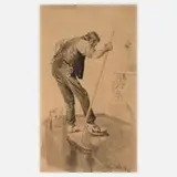 August Mandlick, Der Parkettwischer, 1890, Tuschezeichnung auf leichtem Karton