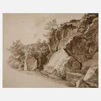 Eduard Leonhardi, Am Felshang, Tusche über Graphit auf Papier
