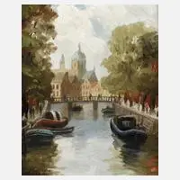 Erich Demmin, An einer Gracht in Amsterdam, Öl auf Sperrholztafel