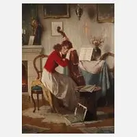 Das Nickerchen am Cello by Endre Komaromi-Kacz, Öl auf Leinwand, sold Mar 2024