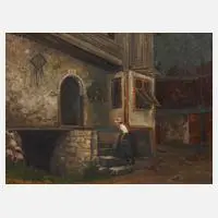 F. Krille, Magd vorm Bauernhof, 1917, Öl auf Leinwand