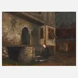 F. Krille, Magd vorm Bauernhof, 1917, Öl auf Leinwand