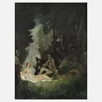 Herbert Lehmann, Damenakt und drei Gentlemen, 1918, Öl auf Malkarton