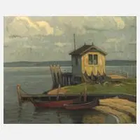 Karl Neuss, Bootshaus am See, Öl auf Leinwand auf Spanplatte
