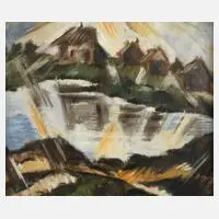 János Schadl, Häuser am See, Öl auf Papier
