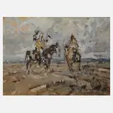 Prof. h.c. Julius Seyler, Indigene zu Pferd in der Prärie, Federhaube und Tomahawk nebst weiterem Krieger auf ihren Mustangs