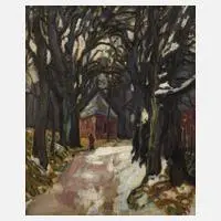 Expressionist, Winterliche Allee mit Kapelle, Öl auf grober Leinwand