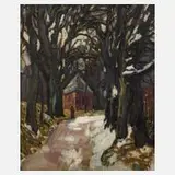 Expressionist, Winterliche Allee mit Kapelle, Öl auf grober Leinwand