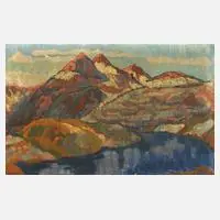 Hiller, Expressionistische Berglandschaft mit See, Öl auf groben Leinen
