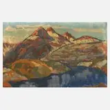 Hiller, Expressionistische Berglandschaft mit See, Öl auf groben Leinen