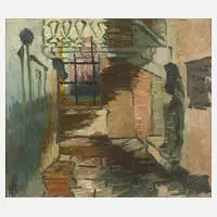 Expressionist, Ansicht einer Gasse, Öl auf dünnem Karton