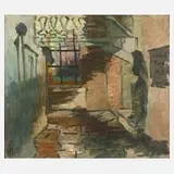 Expressionist, Ansicht einer Gasse, Öl auf dünnem Karton