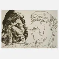 Prof. Willi Sitte, Alter Mann und Liebespaar, Lithographie in Olivgrün auf Karton