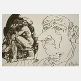 Prof. Willi Sitte, Alter Mann und Liebespaar, Lithographie in Olivgrün auf Karton