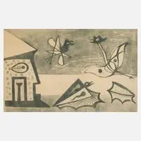 Werner Gilles, Tiere am Strand, 1957, Lithographie in Olivgrün