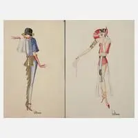 Lilo Conradi, Paar Art déco-Modeentwürfe, Tusche und Deckfarben auf leichtem Karton