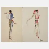 Lilo Conradi, Paar Art déco-Modeentwürfe, Tusche und Deckfarben auf leichtem Karton