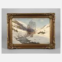 Carl Kessler, Verträumte alpine Winterpartie, Aquarell mit gekonnter Lichtführung über Blei auf Aquarellkarton