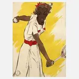 Irena von Rügen, Tennisspielerin bei Rückhandschlag, Aquarell und Deckfarben über Blei auf Karton