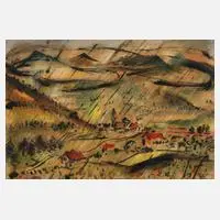 Bodo Francke, Gewitter im Bergdorf, Tusche und Aquarell auf Papier