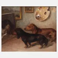 Josef Heimerl, Hunde im Atelier, Öl auf Holztafel