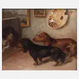Josef Heimerl, Hunde im Atelier, Öl auf Holztafel