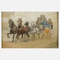 Vorbeirauschende Pferdekutsche by Carl Franz Bauer, Tusche, sold Feb 2024