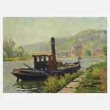 J. Charlier, Dampfer am Flussufer, Öl auf Malplatte