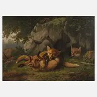 Tollende Füchse by Robert Georgius, Öl auf Leinwand, sold Feb 2024