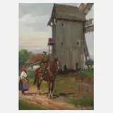 Soldat mit Bäuerin vor Mühle by Jerzy Kossak, 1938, Öl auf strukturiertem Malkarton, sold Feb 2024
