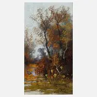 J. Miller, Herbstlicher See mit Ente, Öl auf Holzplatte