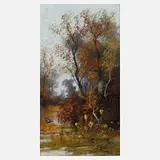 J. Miller, Herbstlicher See mit Ente, Öl auf Holzplatte