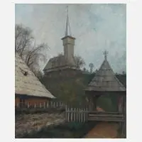 Grigore Negoşanu, Holzkirche in der Maramures (Rumänien), Öl auf Leinwand