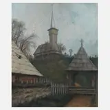 Grigore Negoşanu, Holzkirche in der Maramures (Rumänien), Öl auf Leinwand
